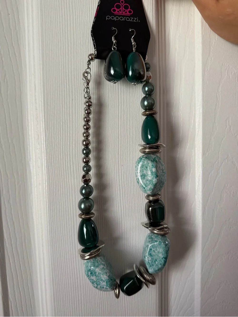 paparazzi Teal and Silver Mixed Bead Necklace with Matching Earrings